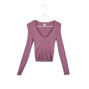 Abercrombie Fitch Womens S Pink Ribbed V Neck Long Sleeve Crop Sweater Soft Knit